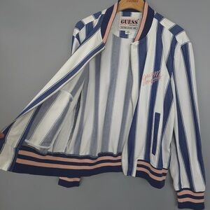 GUESS Women's Varsity Jacket - Navy and White Stripes